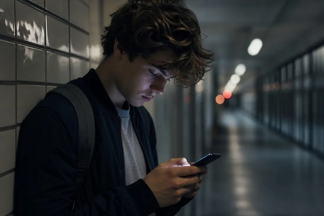 Jeune personne qui tape sur son téléphone dans la rue, avec des bulles de messages stylisées en arrière-plan