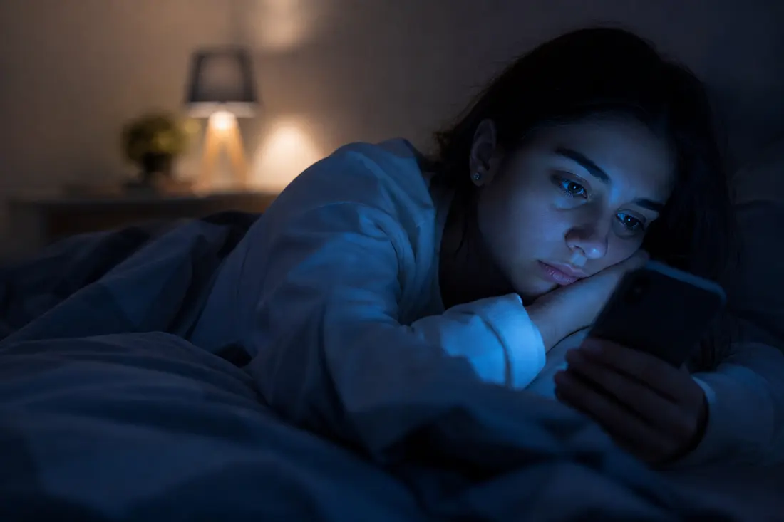 Jeune assis seul chez lui, éclairé par l'écran de son téléphone, en train de regarder les stories d'une soirée entre amis