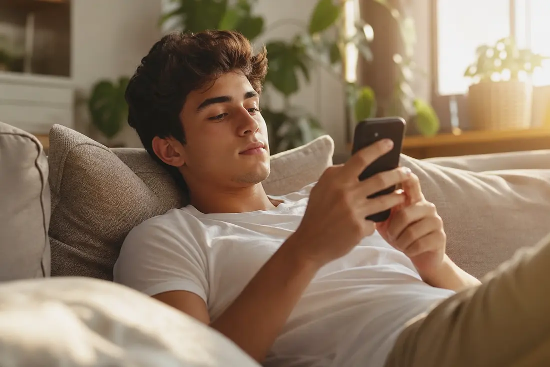 Jeune personne allongée sur un canapé en train de faire défiler son téléphone, lumière douce en fin de journée