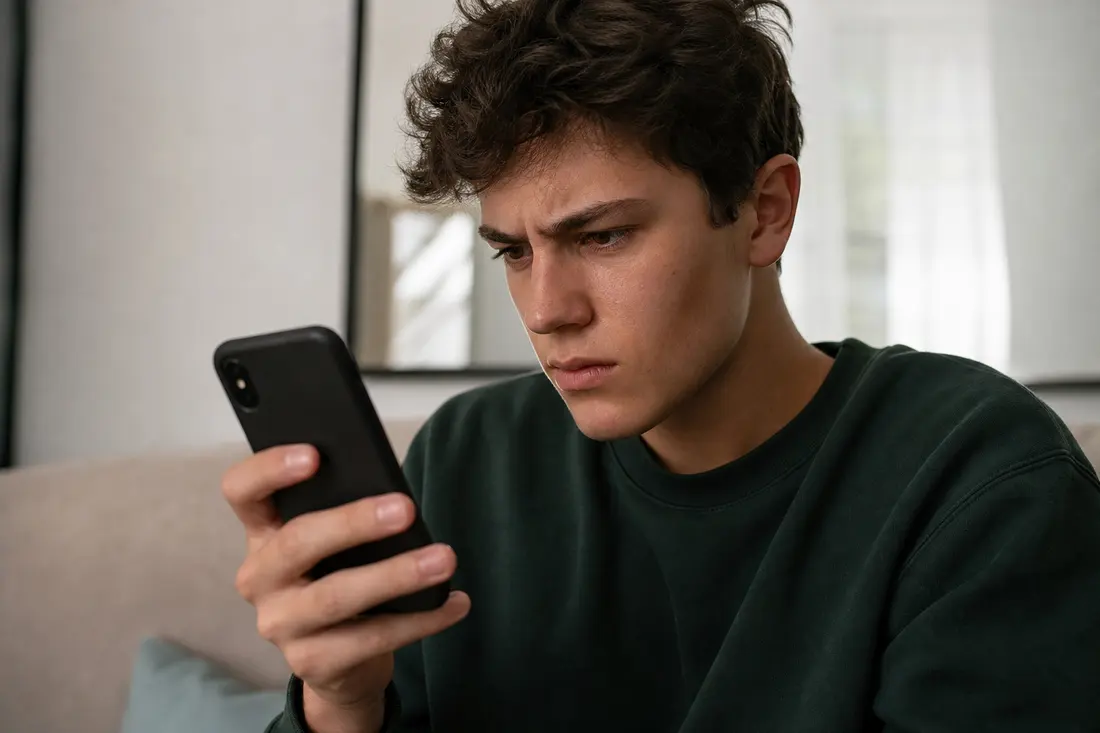 Jeune personne examinant attentivement son téléphone, écran de réseau social flouté en arrière-plan