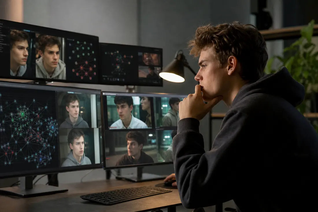 Jeune concentré devant plusieurs écrans affichant des visages générés par intelligence artificielle, en train d'analyser des images