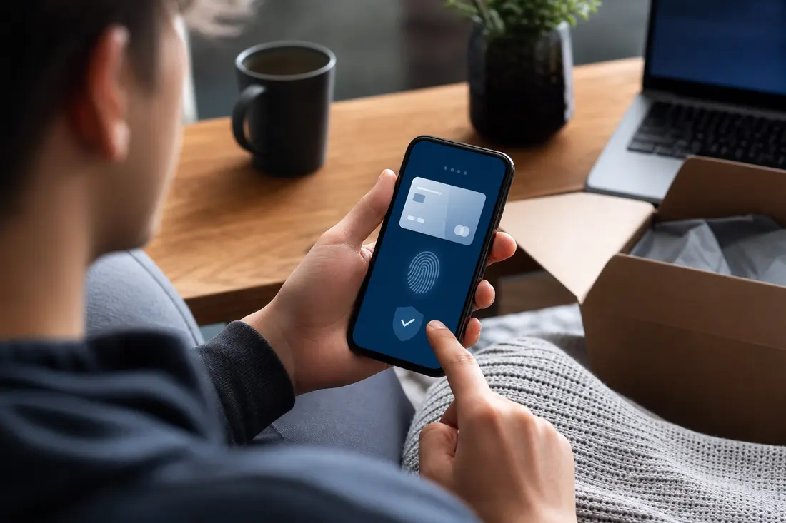 Jeune personne payant un achat en ligne sur son téléphone avec son application bancaire ouverte