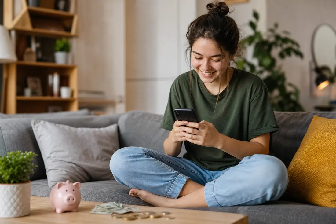 Une personne fait un achat en ligne sur son téléphone avec des pièces et billets illustrant l'argent qui revient