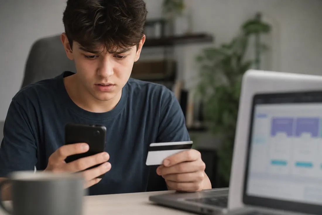 Jeune personne consultant son téléphone et sa carte bancaire pour vérifier ses abonnements en ligne