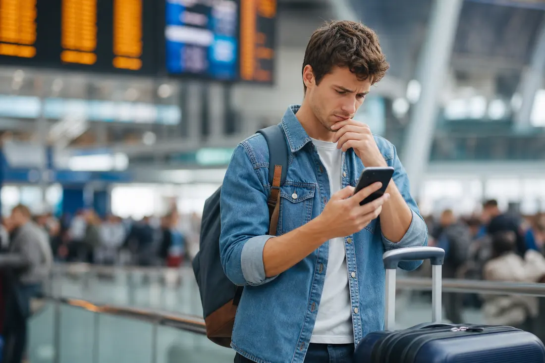 Jeune voyageur consultant les prix de billets de train sur son smartphone, valise à côté de lui dans une gare