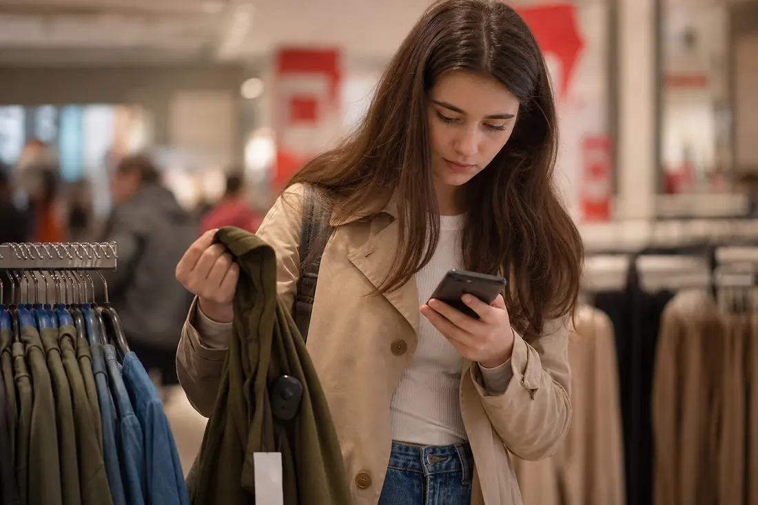 Jeune consultant son téléphone devant une vitrine de magasin avec des étiquettes de réduction