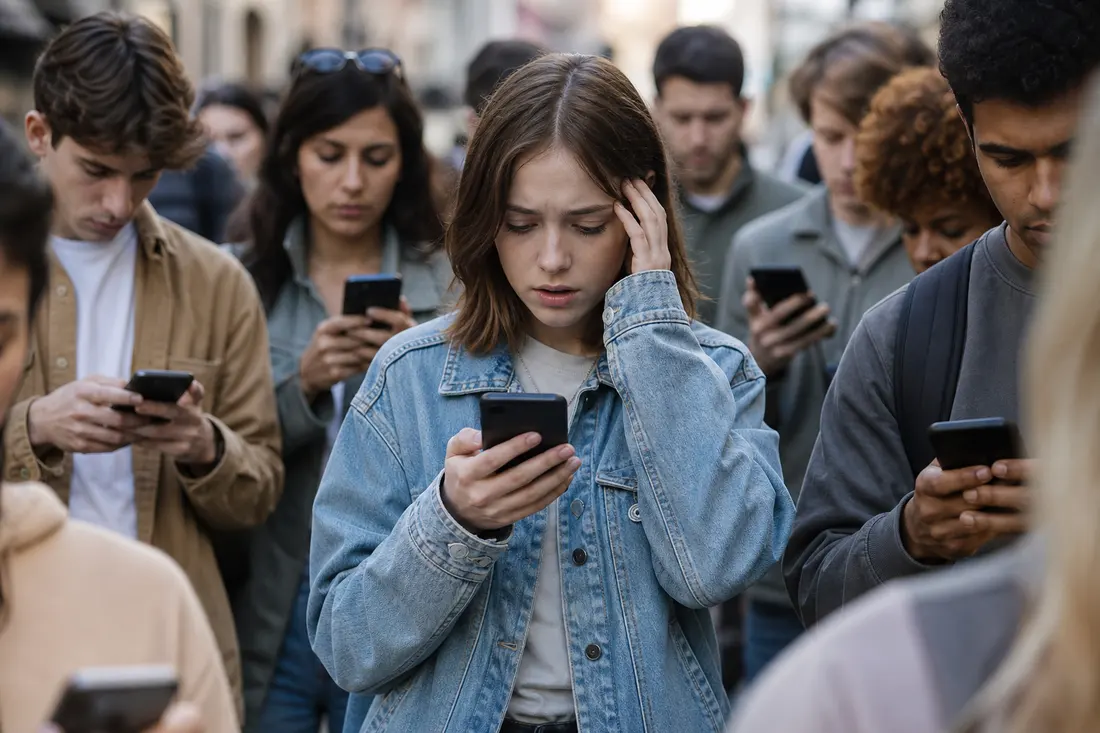 Jeune personne regardant son téléphone avec une expression préoccupée, notifications et réseaux sociaux en arrière-plan flou