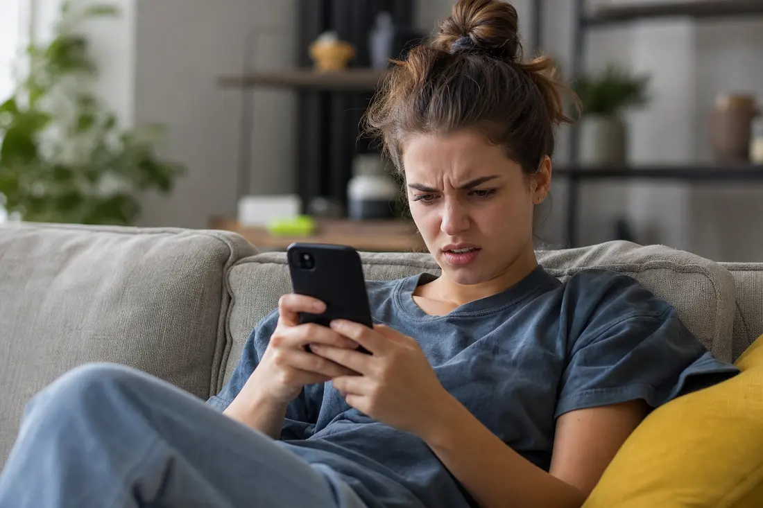 Jeune agacé, sourcils froncés, en train de regarder son téléphone avec une expression contrariée