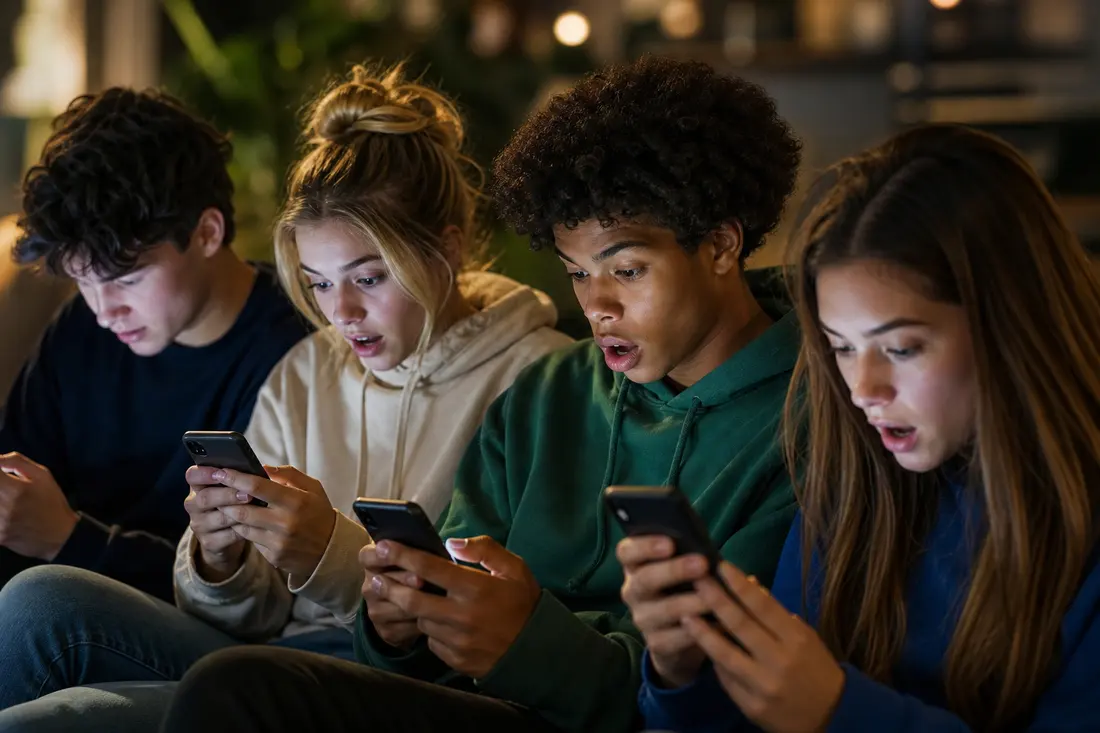 Groupe de jeunes assis côte à côte, chacun absorbé par son smartphone, regards concentrés sur leurs écrans