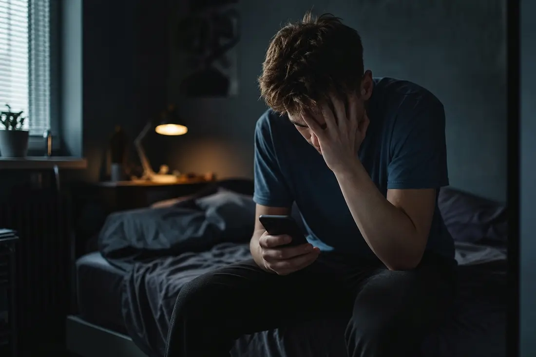 Jeune personne assise seule, tête baissée vers son téléphone, expression accablée, ambiance sombre et isolée