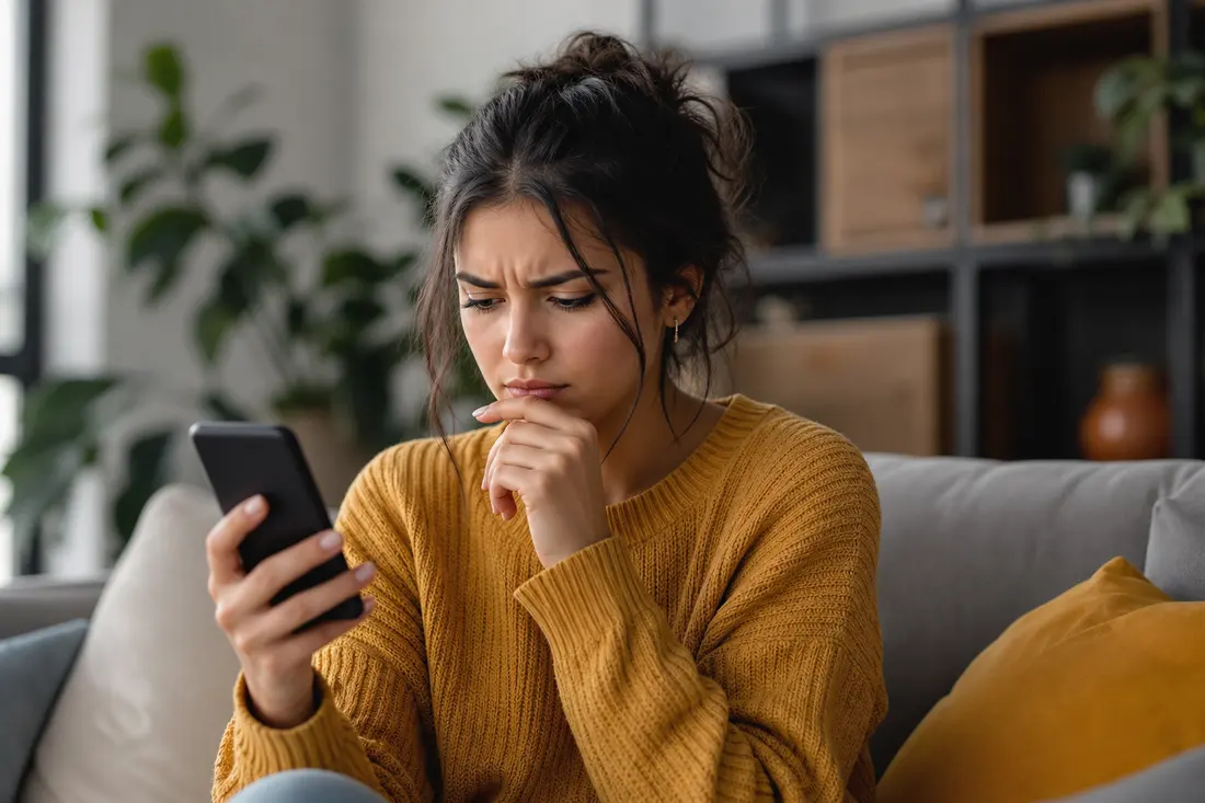 Jeune assis, smartphone à la main, en train d'examiner attentivement une vidéo qui défile sur son écran