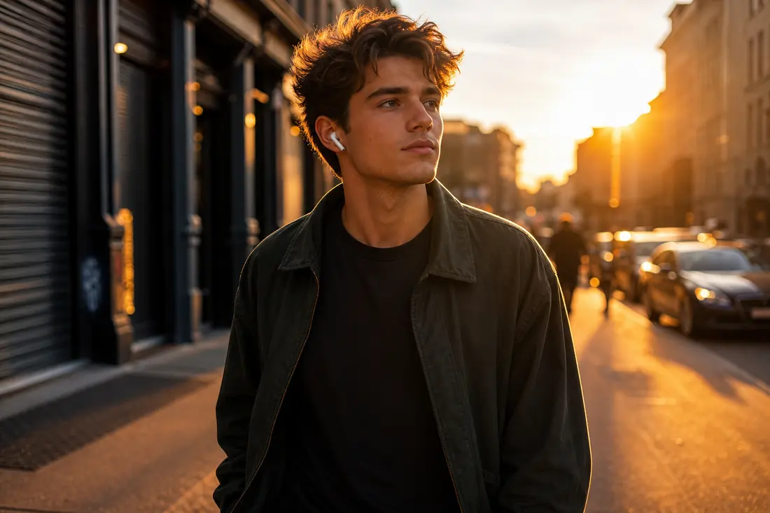 Jeune marchant dans la rue au coucher du soleil avec des écouteurs, air confiant et lumineux