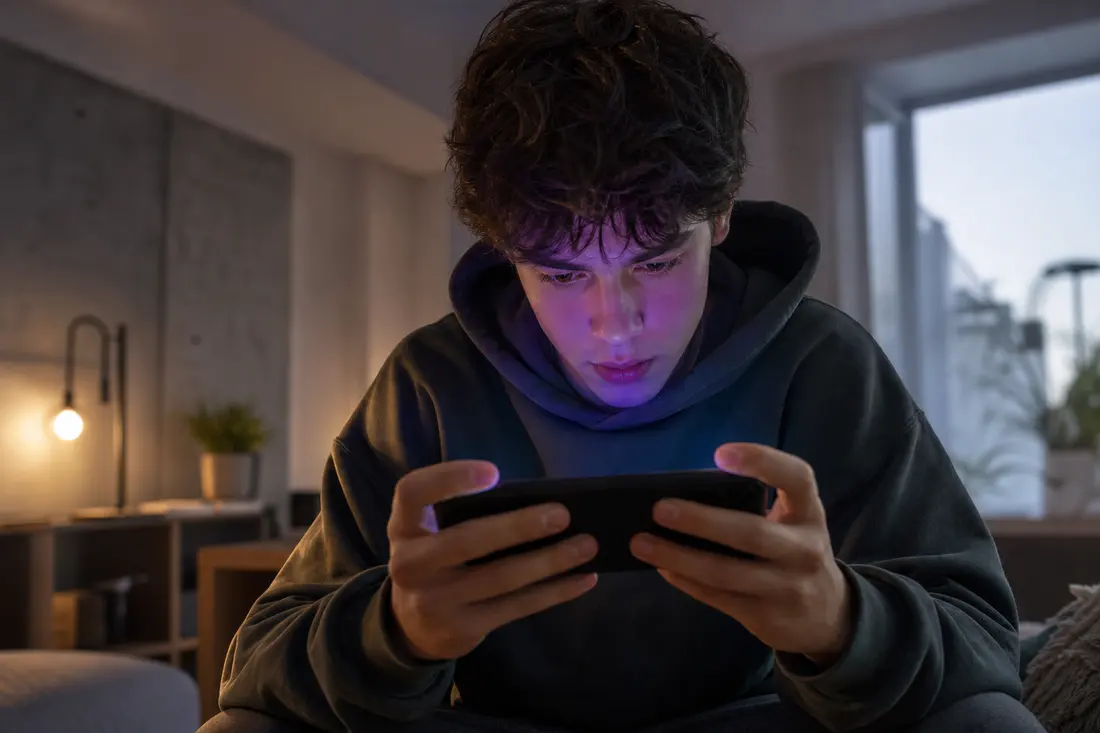 Jeune joueur concentré sur son smartphone, ambiance gaming colorée avec reflets d'écran