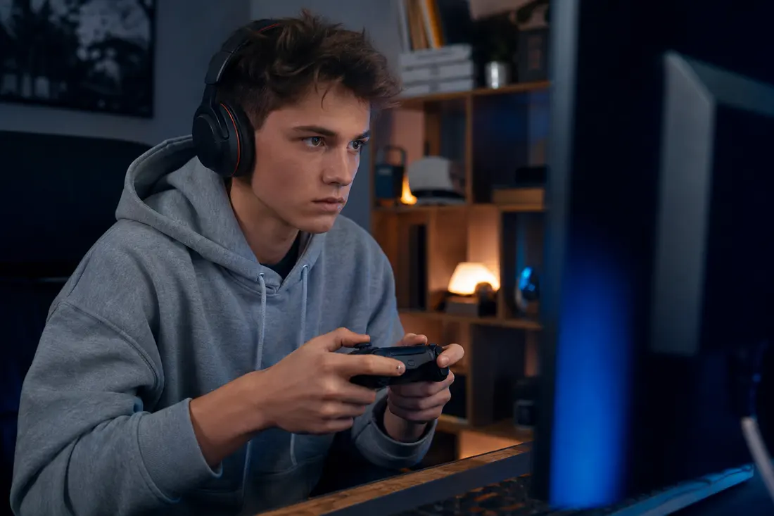 Joueur concentré devant un écran de jeu vidéo compétitif, manette en main, ambiance gaming colorée