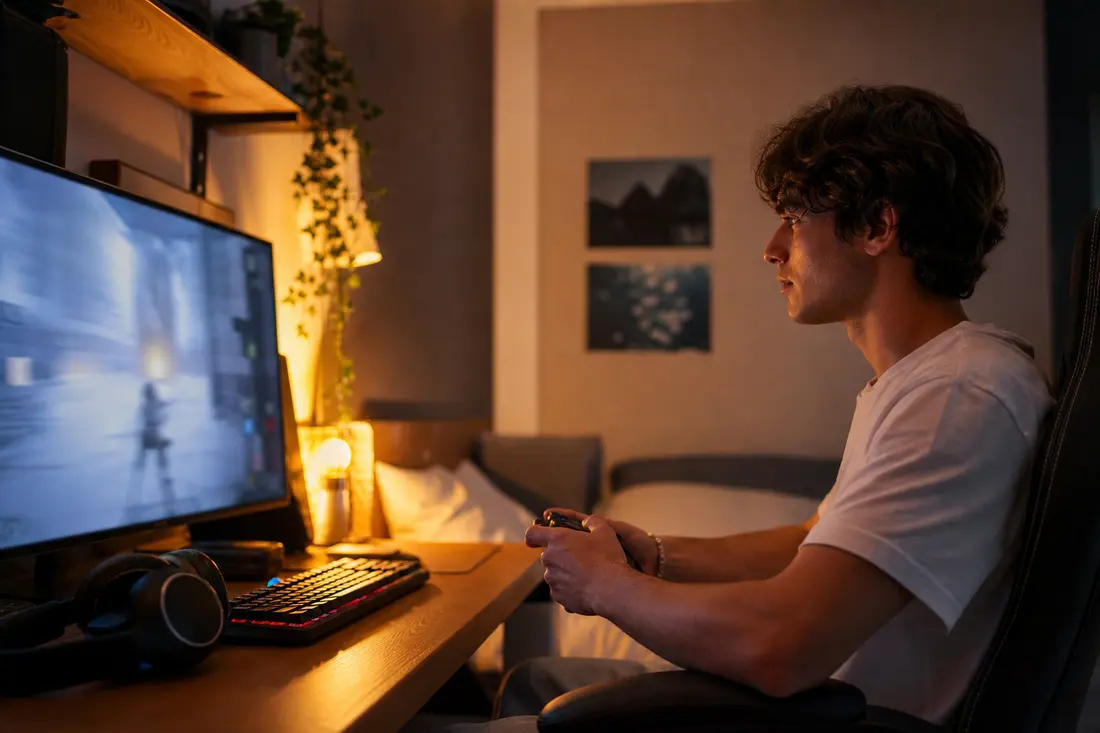 Jeune assis devant un écran allumé, manette de jeu vidéo en main, dans une chambre avec setup gaming