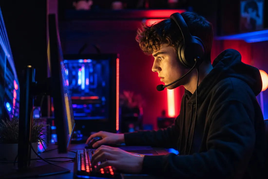 Joueur concentré devant un écran de jeu vidéo en pleine partie compétitive, ambiance gaming néon