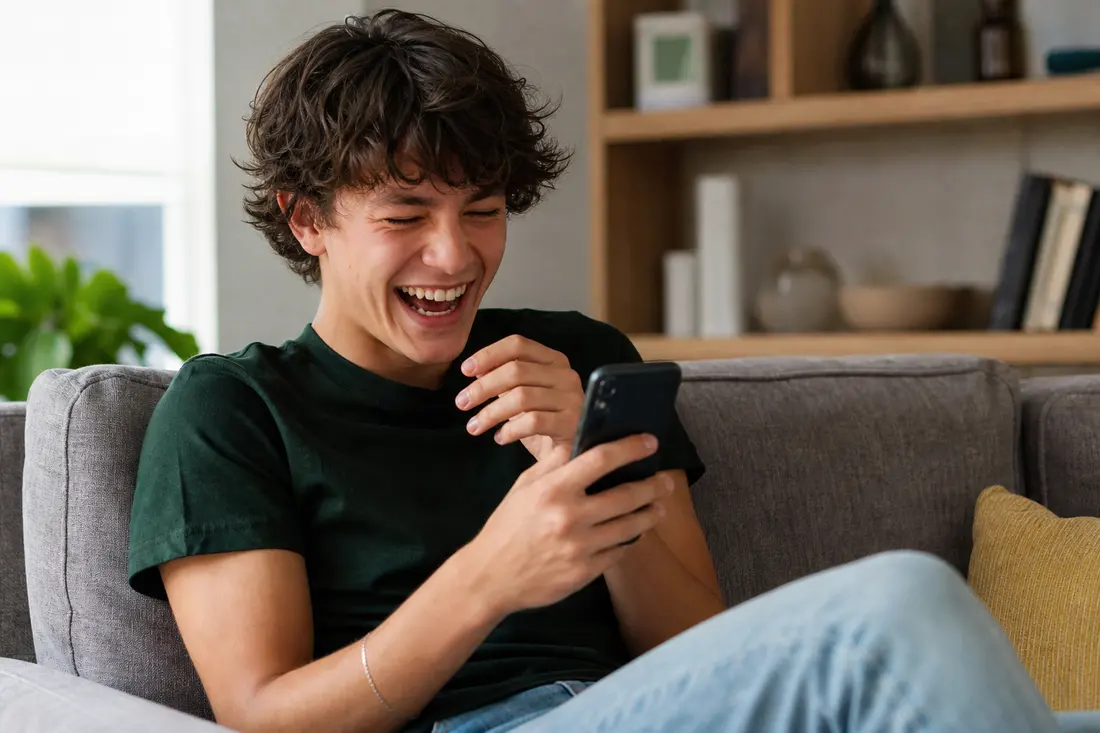 Jeune riant devant son téléphone en lisant des commentaires, ambiance colorée et lumineuse