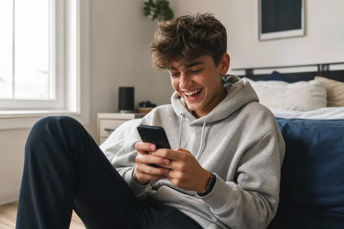 Jeune souriant devant l'écran de son téléphone dans une chambre lumineuse, en train de scroller des vidéos courtes
