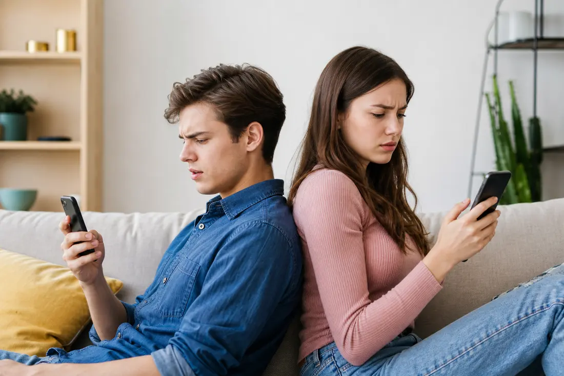 Deux jeunes assis dos à dos sur un canapé, chacun regardant son téléphone avec une expression perplexe