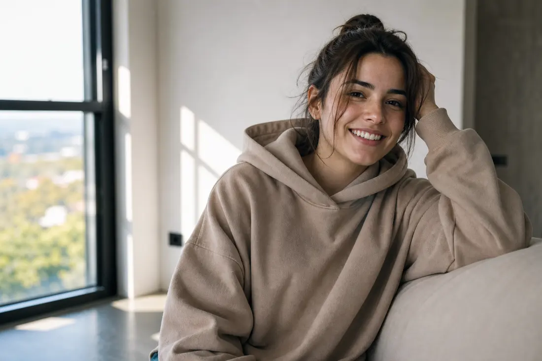 Jeune personne souriante portant un sweat à capuche simple, ambiance lifestyle décontractée en intérieur
