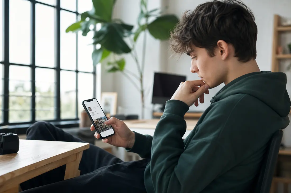 Jeune femme tenant un smartphone affichant un profil de réseau social, ambiance moderne et lumineuse