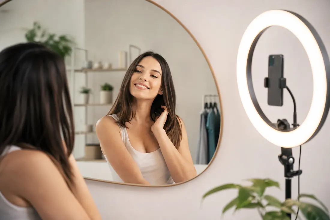 Jeune créatrice de contenu souriante devant un miroir, ambiance studio moderne et lumineuse