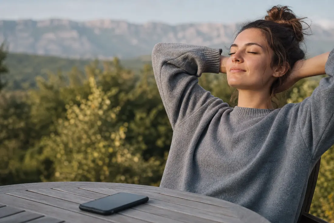 Jeune créateur de contenu posant son smartphone face contre table pour se déconnecter, assis dehors dans la nature