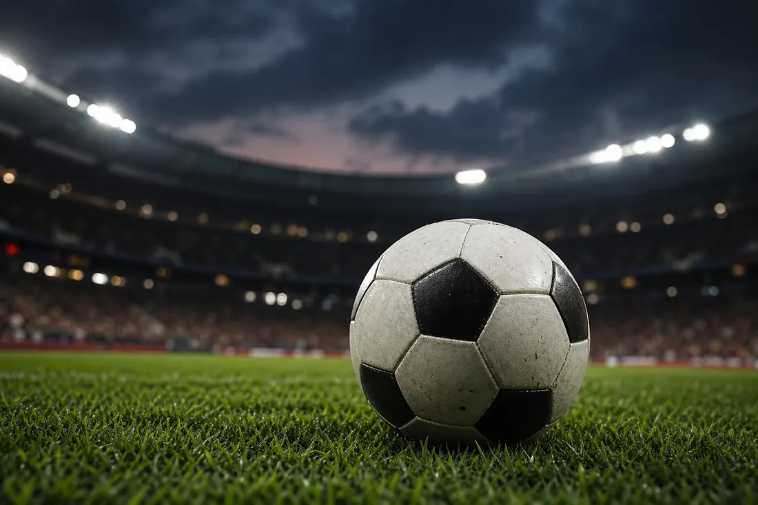 Ballon de football posé sur la pelouse d'un stade avec les tribunes en arrière-plan
