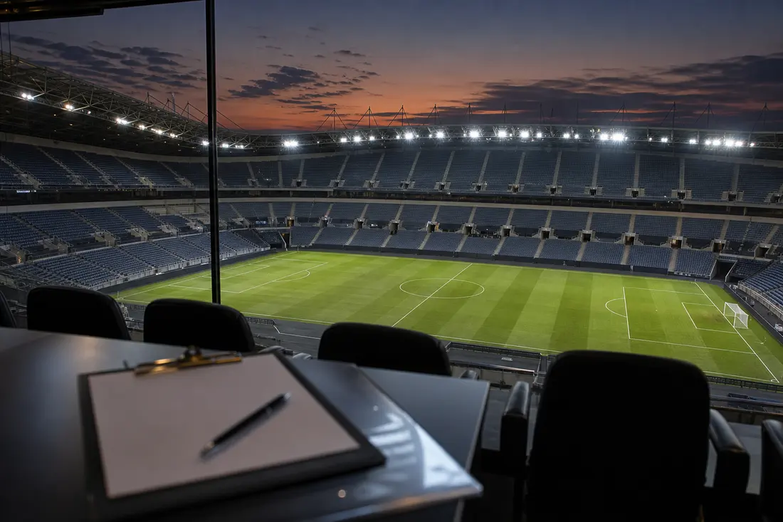 Stade de football vu depuis les tribunes avec la pelouse éclairée en soirée