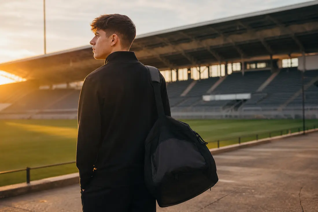 Joueur de football en tenue d'entraînement debout au bord d'une pelouse de stade, sac de sport à l'épaule, lumière de fin de journée