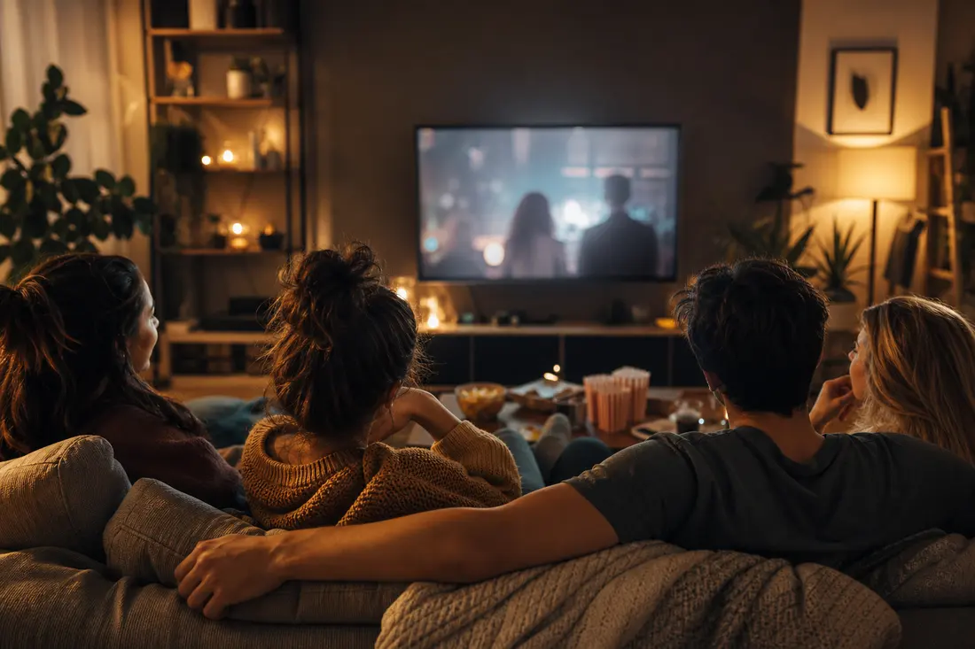 Salon cosy avec canapé et écran de télévision allumé, ambiance soirée binge-watch