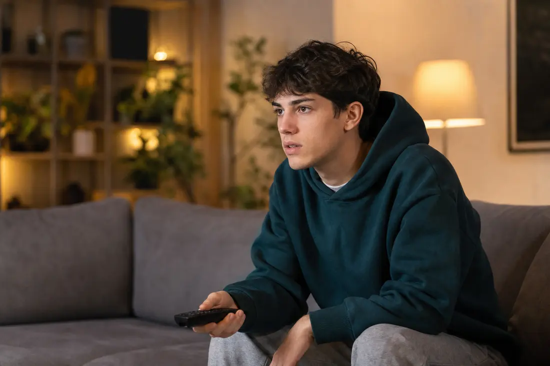 Jeune personne assise devant un écran de télévision dans un salon cosy, très concentrée sur ce qu'elle regarde