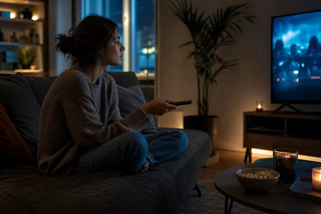 Jeune assis en tailleur devant une télévision allumée dans un salon, télécommande à la main, ambiance soirée streaming