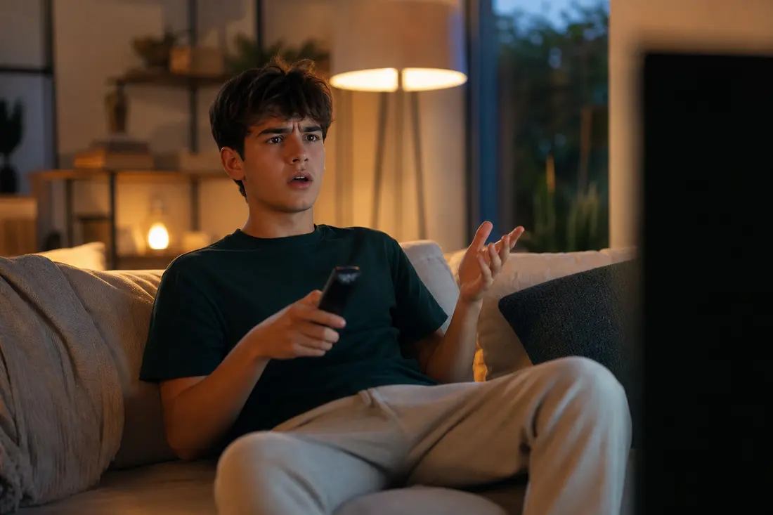 Jeune spectateur surpris devant sa télévision, télécommande en main, en train de regarder un épisode de série