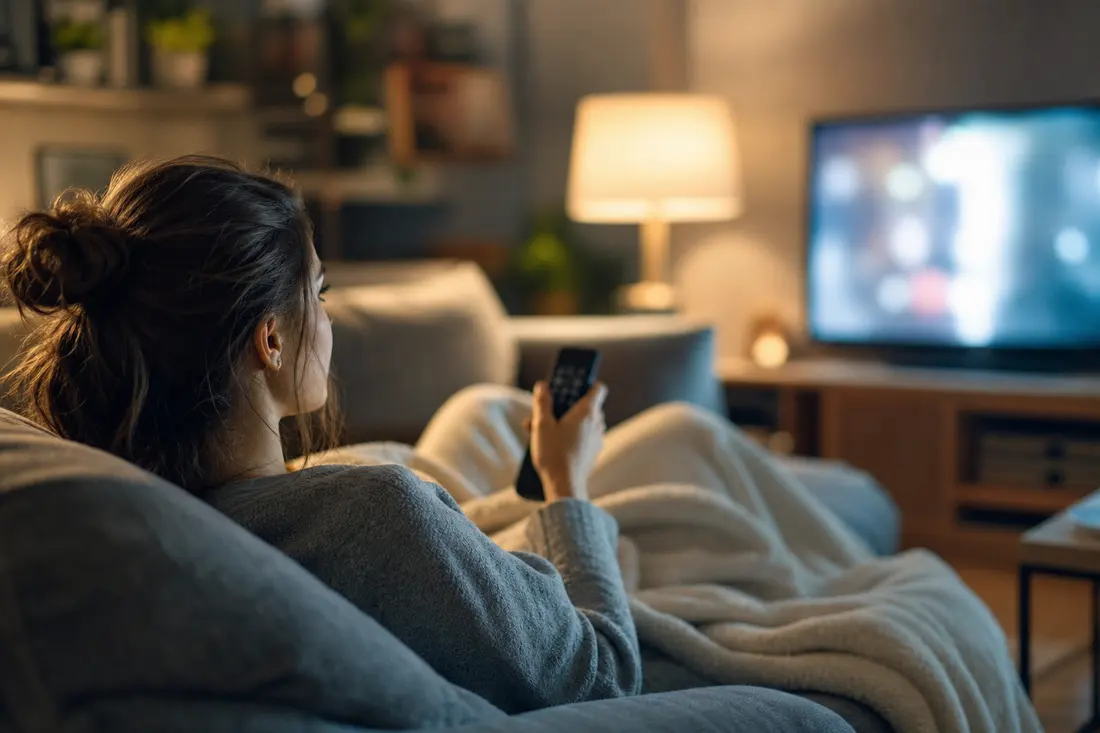 Jeune femme allongée dans un canapé le soir, télécommande à la main, devant un écran de télévision allumé dans un salon tamisé