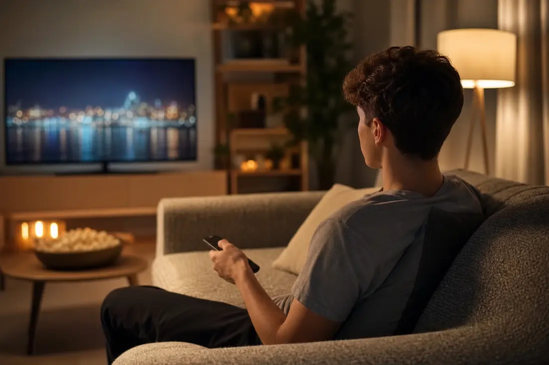 Jeune allongé sur un canapé, télécommande à la main, face à un écran de télévision dans un salon cosy
