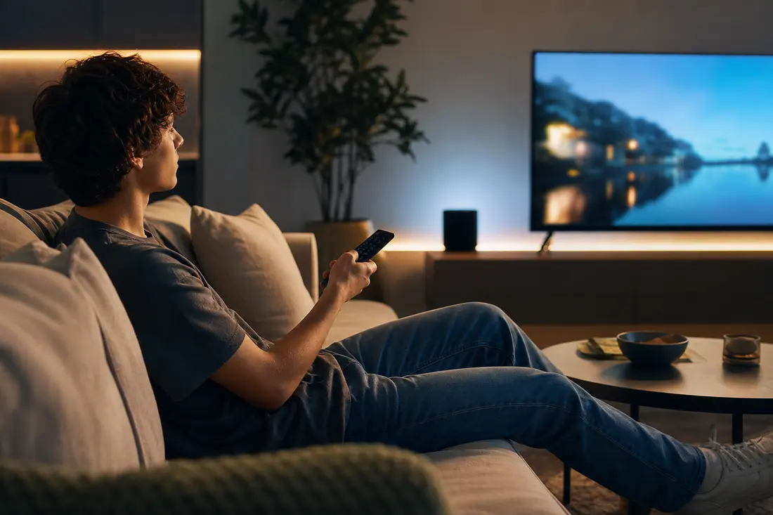 Jeune assis sur un canapé le soir, télécommande à la main, devant un téléviseur allumé dans un salon chaleureux