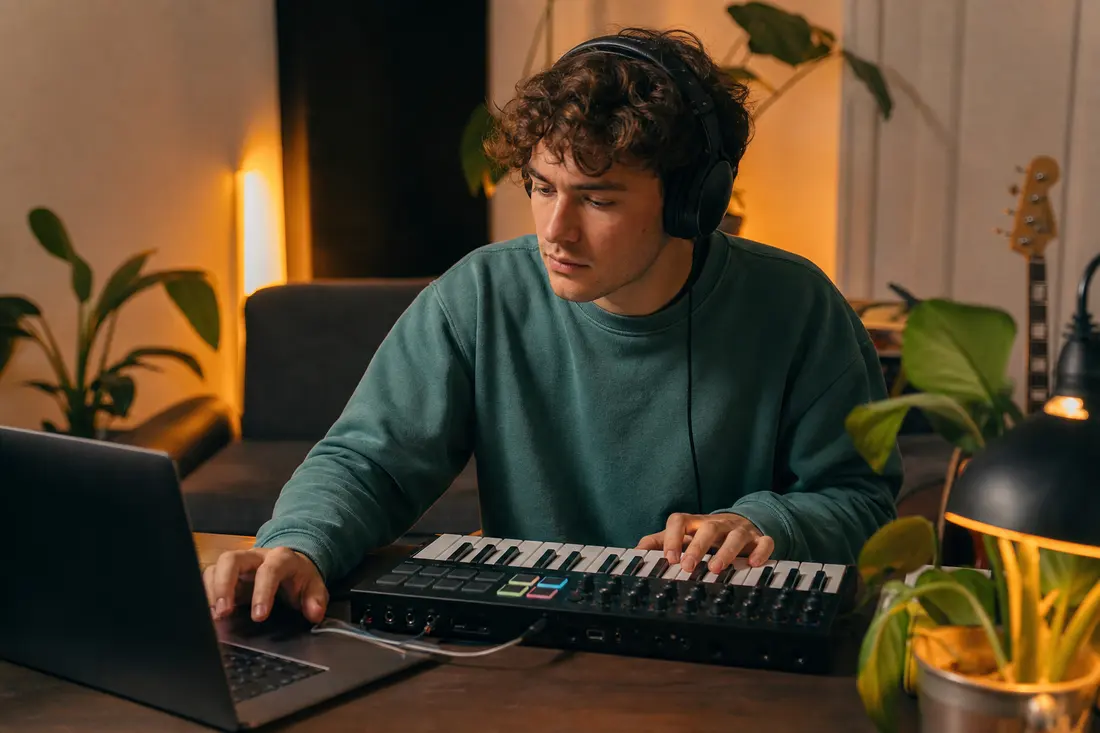 Jeune dans sa chambre avec un casque audio, assis devant un ordinateur portable et un petit contrôleur MIDI, ambiance studio home