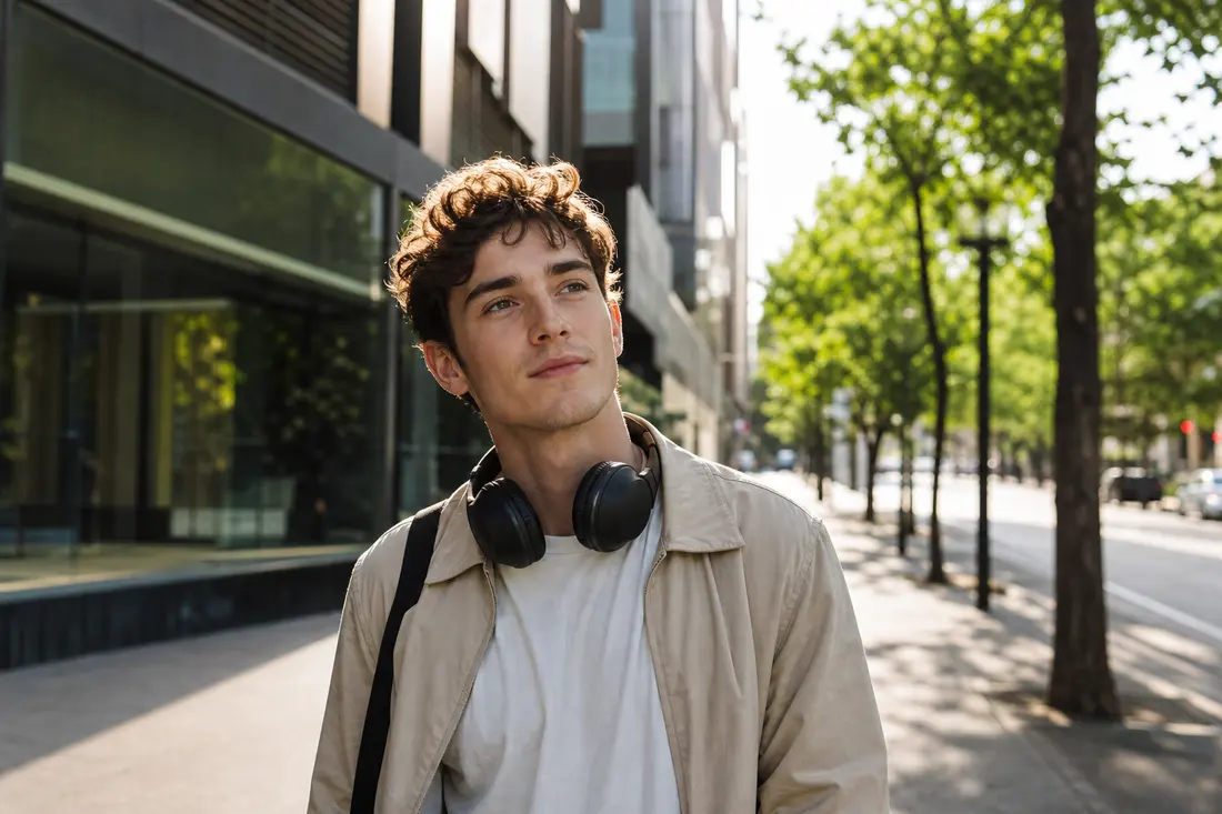 Jeune homme pensif avec un casque audio autour du cou, marchant dans une rue ensoleillée, l'air d'avoir une musique en tête