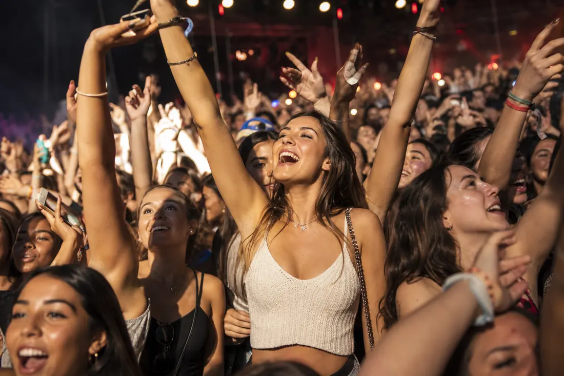 Foule de jeunes devant la scène d'un concert, bras levés, lumières colorées