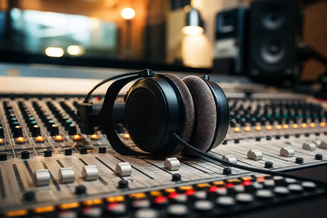 Une paire de casque audio posée sur une table dans une ambiance de studio radio