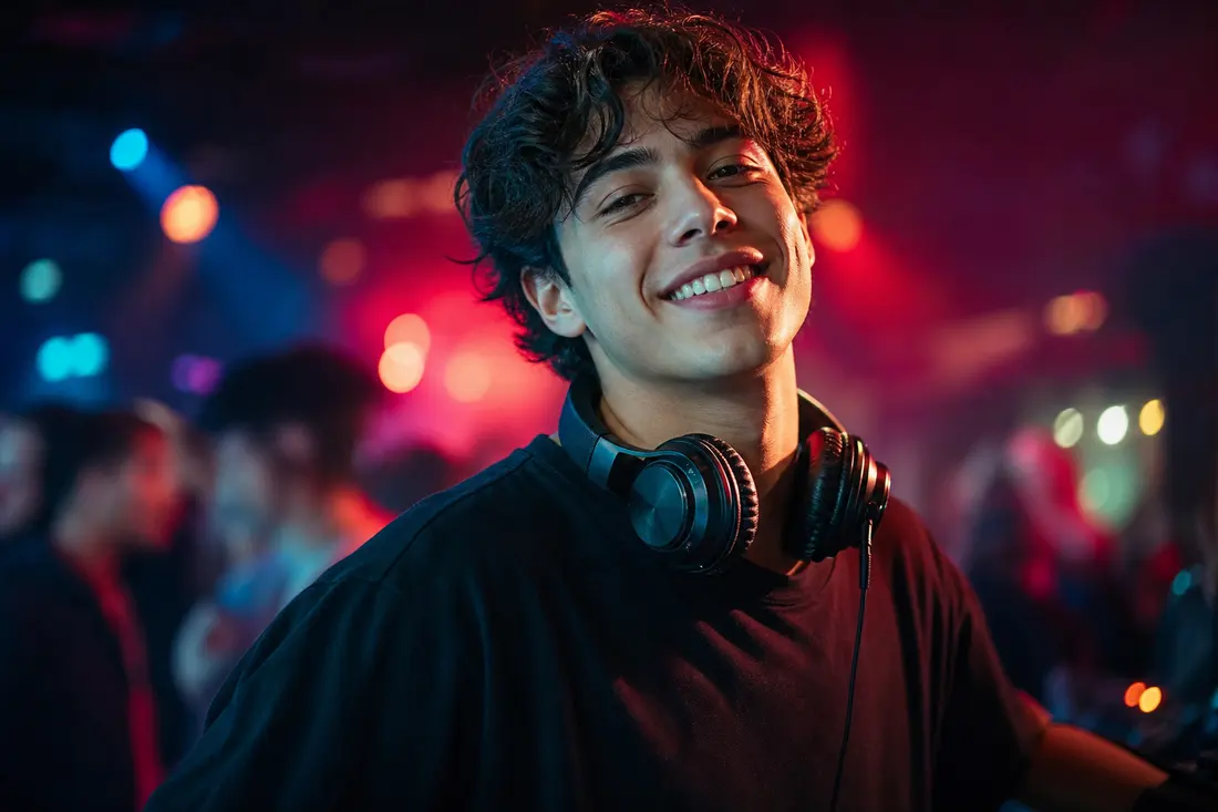 Jeune personne avec un casque audio autour du cou, souriante, ambiance festive avec lumières colorées en arrière-plan